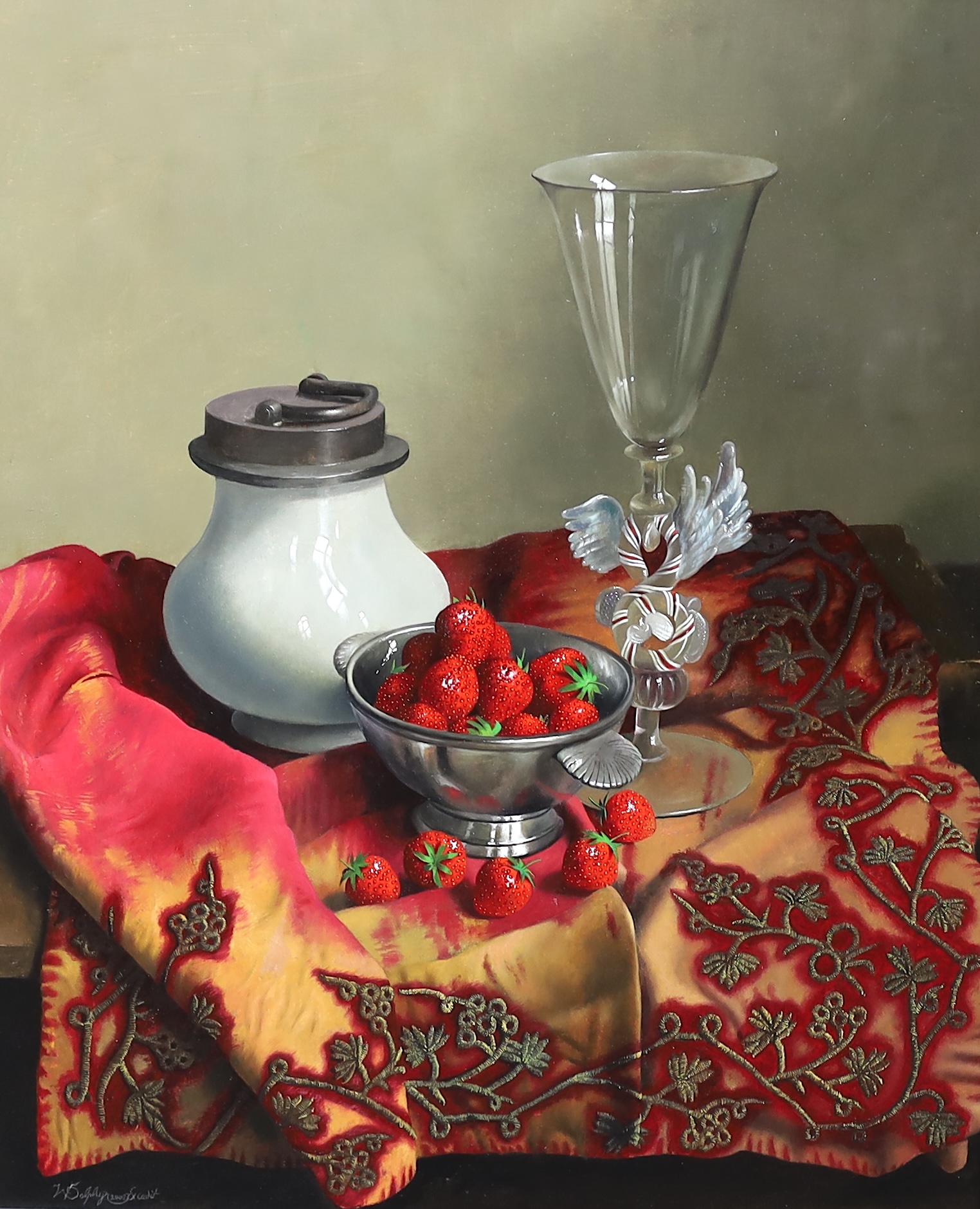 Willem Dolphyn (Belgian, 1935-2016), Still life of strawberries in a pewter bowl, a Venetian glass, a pewter mounted flagon and a bullion-work cloth, oil on panel, 59 x 49cm